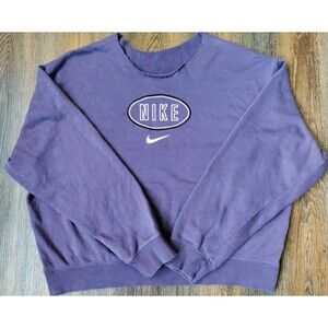 Nike Cropped Sweatshirt Women's Size Large Purple White Swoosh Raw Neckline Logo